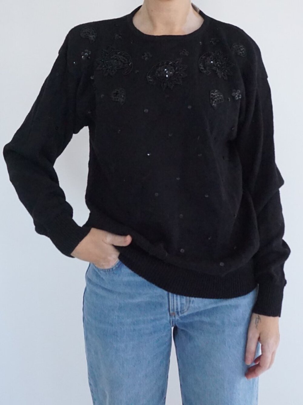 Vintage Dana Scott Black Beaded Sequin Floral Knit Sweater Embellished Holiday L